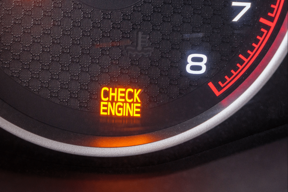 Check Engine Light Diagnosed in Orlando FL At Griffis Automotive Repair. Image of Illuminated check engine warning light on a vehicle dashboard.